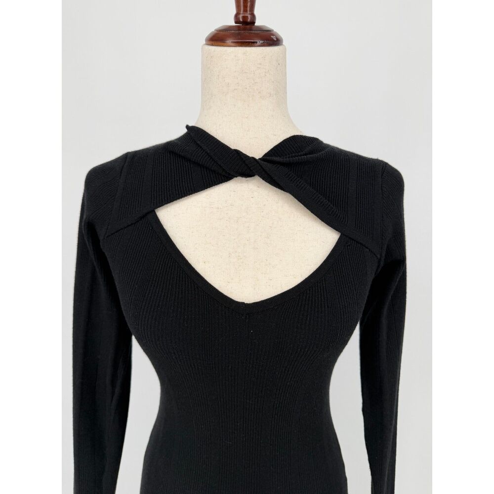 Lulus Black Ribbed Bodycon Midi Dress S Long Sleeve Cutout Twist Neck